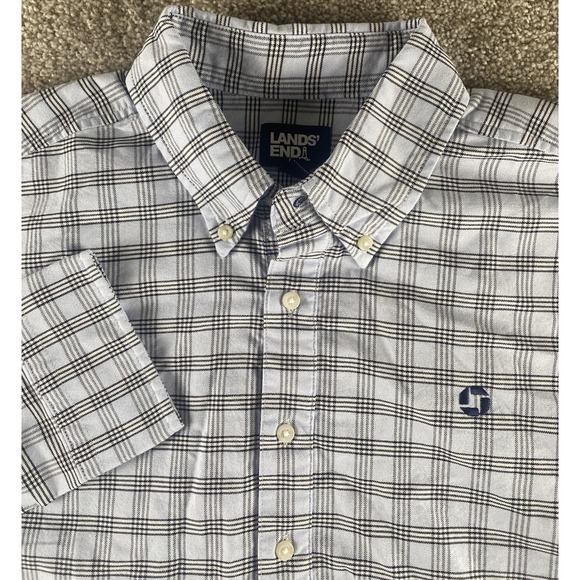 Lands End Other - Lands Ends Chase Bank Blue Plaid 3 Button Polo Long Sleeve 15-15.5 Mens M Preppy